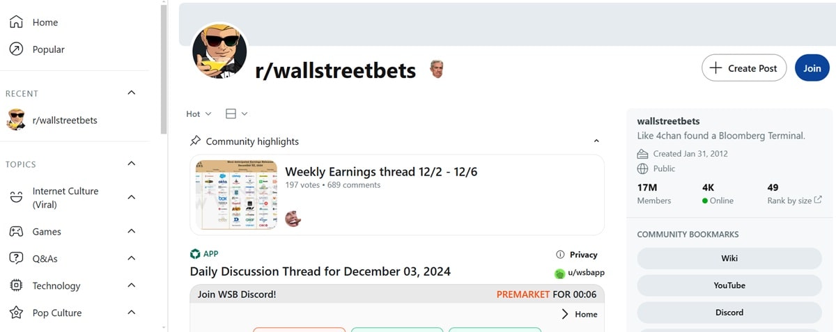 A subreddit on reddit titled wallstreetbets